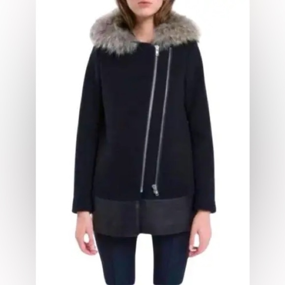 SANDRO Manoli Fur Trim Wool Leather Coat - Picture 5 of 10